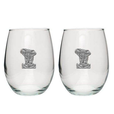 Elephant Stemless Goblets (Set of 2) | 15oz | Detailed Fine Pewter Medallion | Set of 2
