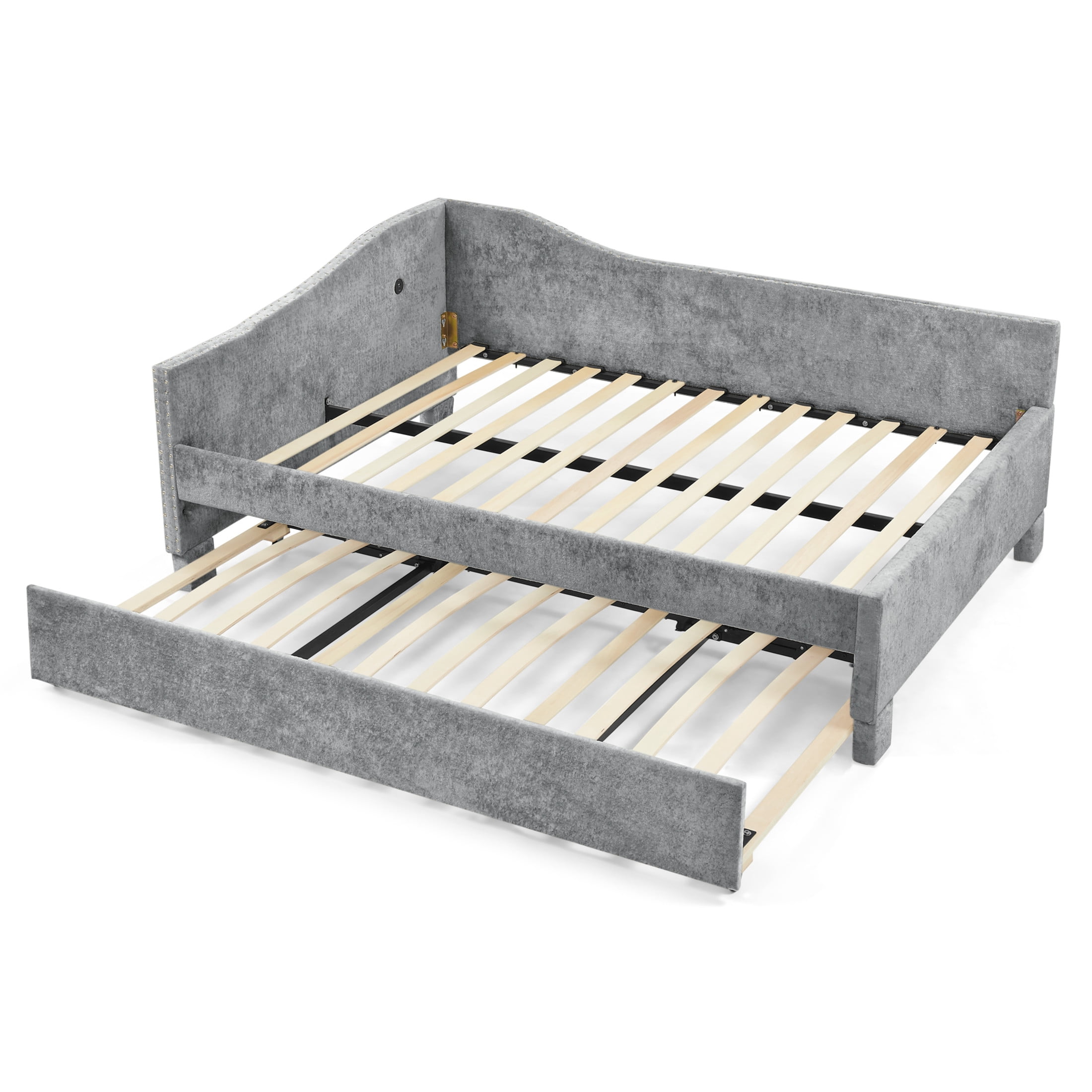 Noble House Phineas Twin Size Chenille Padded Daybed, Sofa Bed Frame with Twin Trundle and Charging Port, Grey