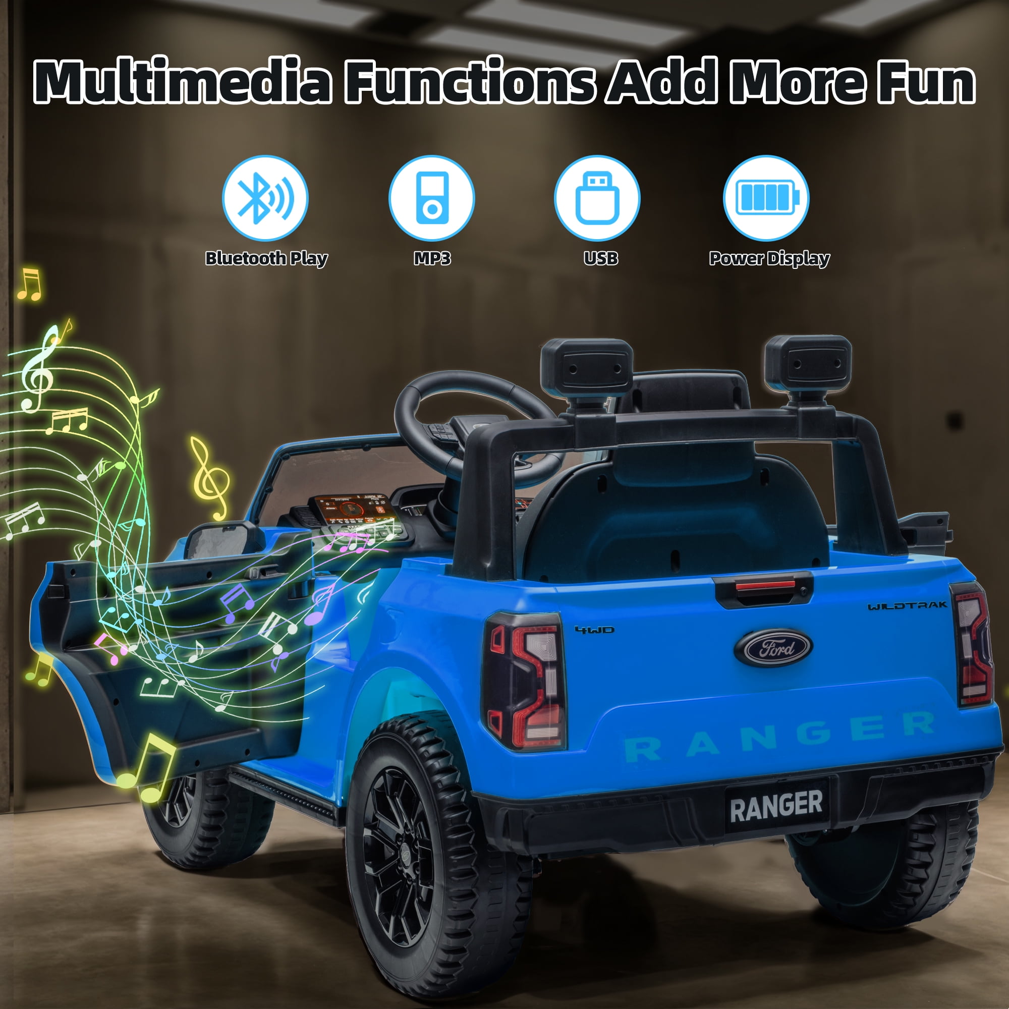 12V Powered Ride on Truck, Ford Ranger Ride on Toy Cars with Remote Control, Rear Wheels Suspension, Safety Belt, MP3 Player, Electric Ride on Cars for Kids Boys Girls 3-6 Ages, Black