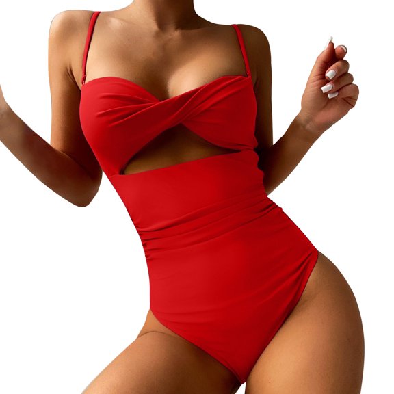 Sngxgn Women Tummy Control Swimsuit Push Up High Waisted Bathing Suit(Red,M)