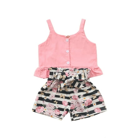 

Kiplyki Kids Deals Pants Girls RUffles Suspenders Tops+Striped Floral Printed Shorts Outfits