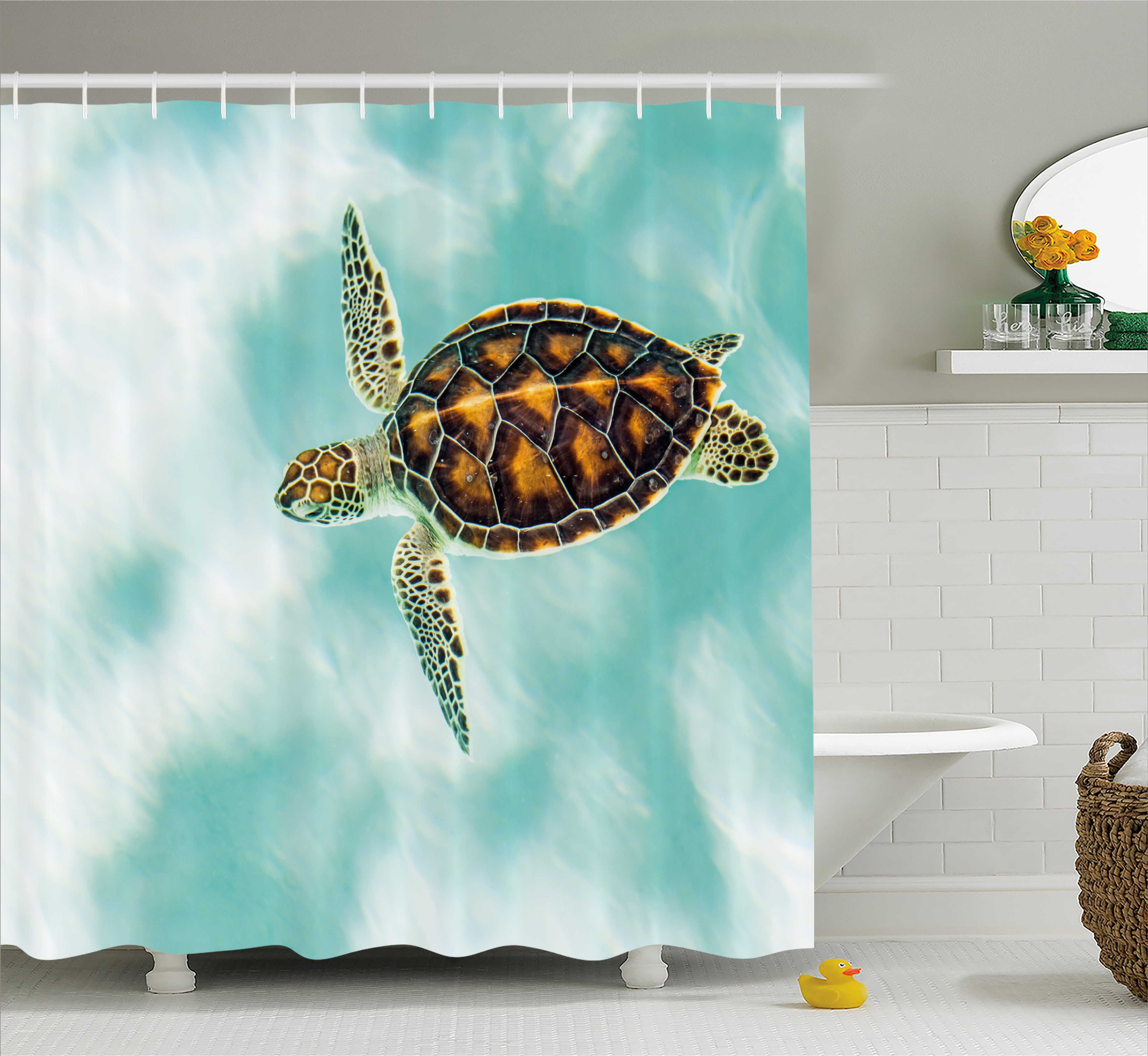 Turtle Shower Curtain Cute Baby Swimming In Abstract Waters Turtle Shower Curtain Cute Baby Swimming In Abstract Waters Serene Nature Picture Fabric Bathroom Set With Hooks Seafoam Brown Pale Coffee