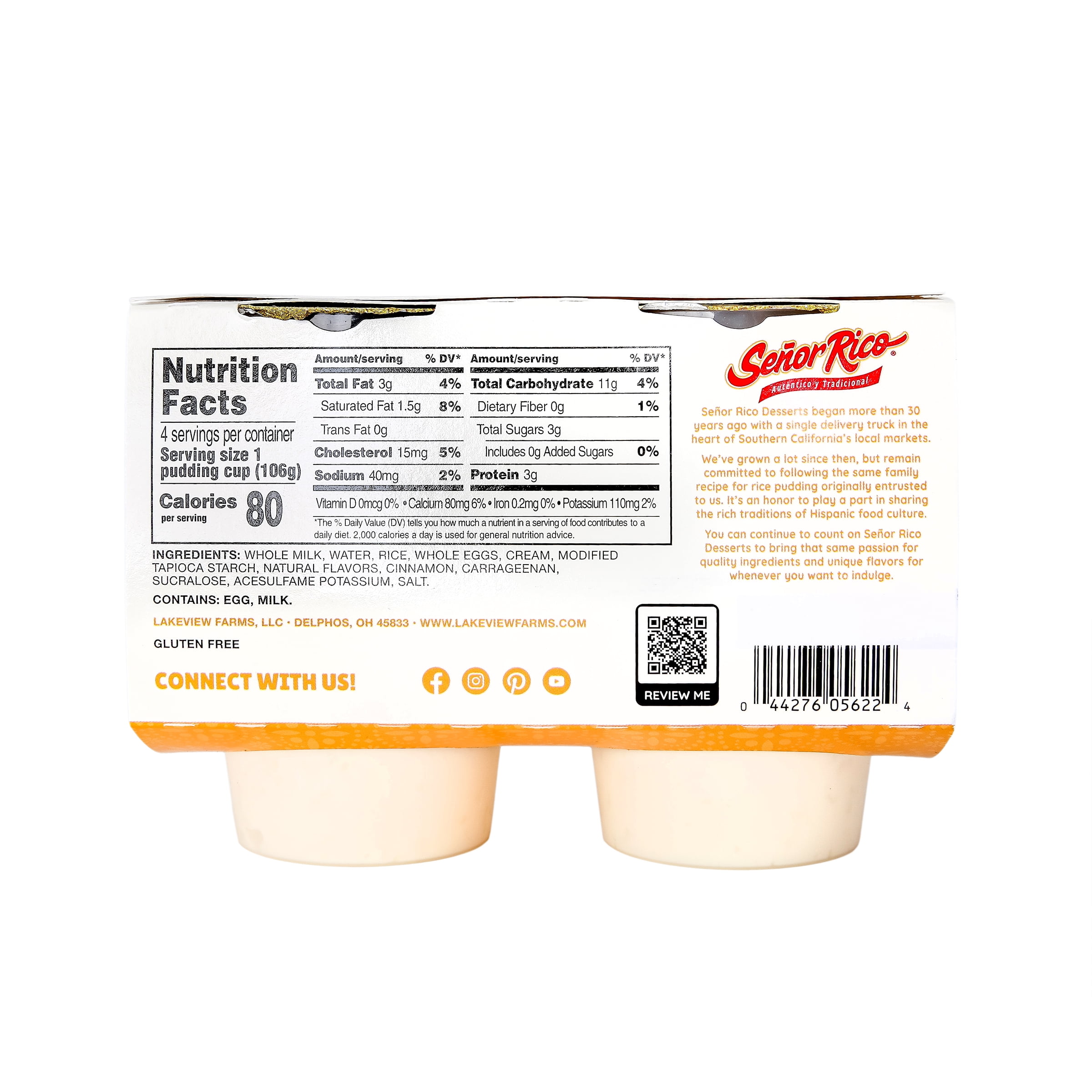 Senor Rico Zero Sugar Added Rice Pudding, 4 Count Plastic Cups, Refrigerated, Gluten-Free