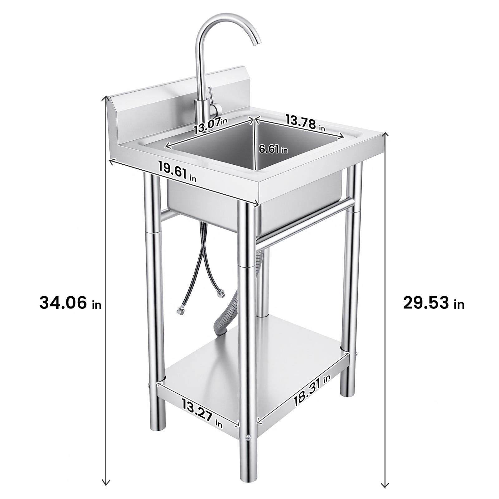 Freestanding Stainless Steel Single Bowl Laundry Sink, 19.61in with Hot & Cold Faucet, Backsplash & Storage Shelf, Heavy Duty for Kitchen, Commercial Restaurant & Laundry Room