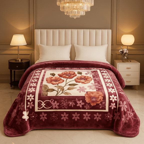 Shubozy Luxury Korean-Style 1-Ply Plush Blanket – Queen Size, 8 lbs – Ultra Soft, Warm & Breathable – Elegant Floral Design in Rich Burgundy