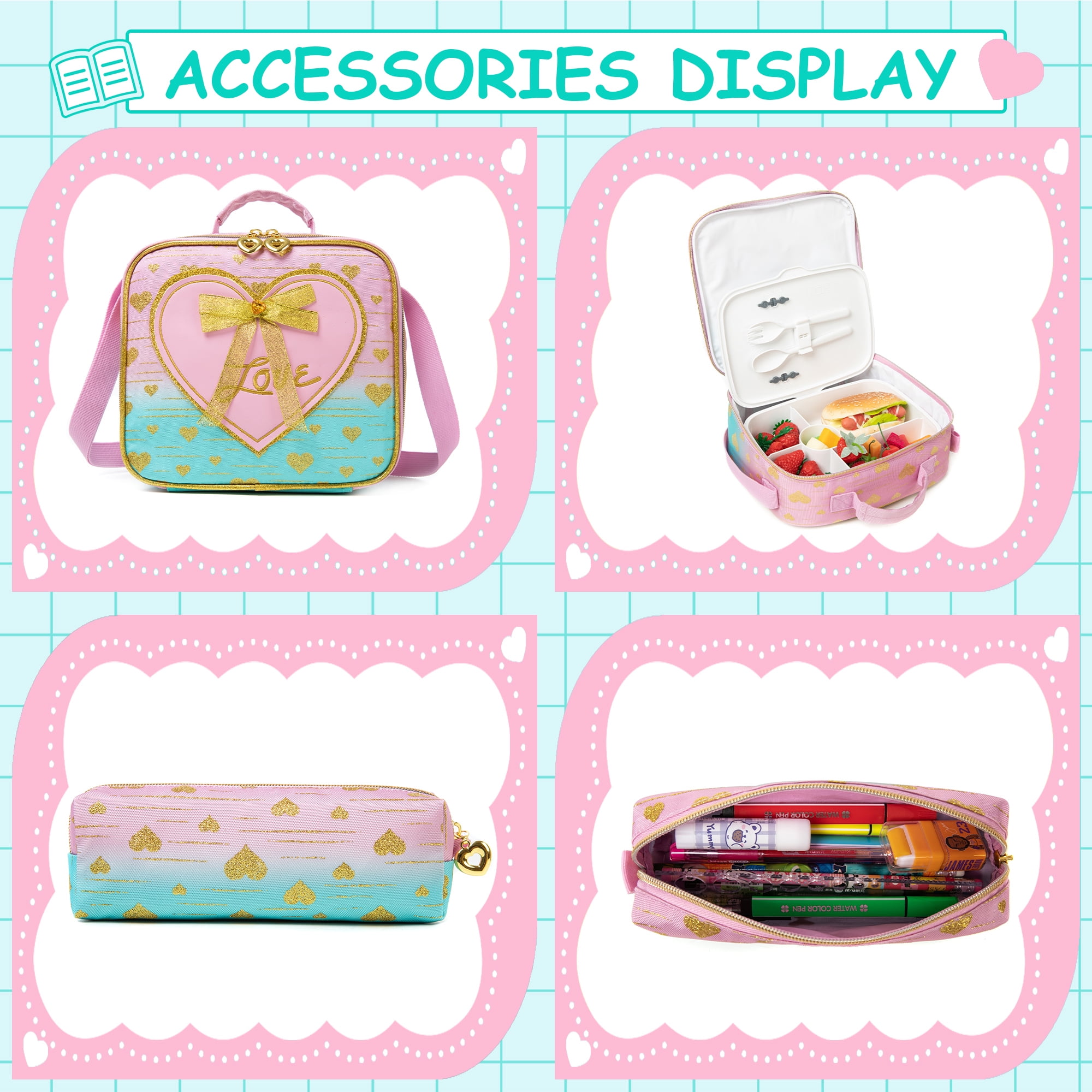 Kids Pink Rolling Backpacks for Girls with Wheels Roller School for Backpack with Lunch Bag Pencil Case for Ages 6-12