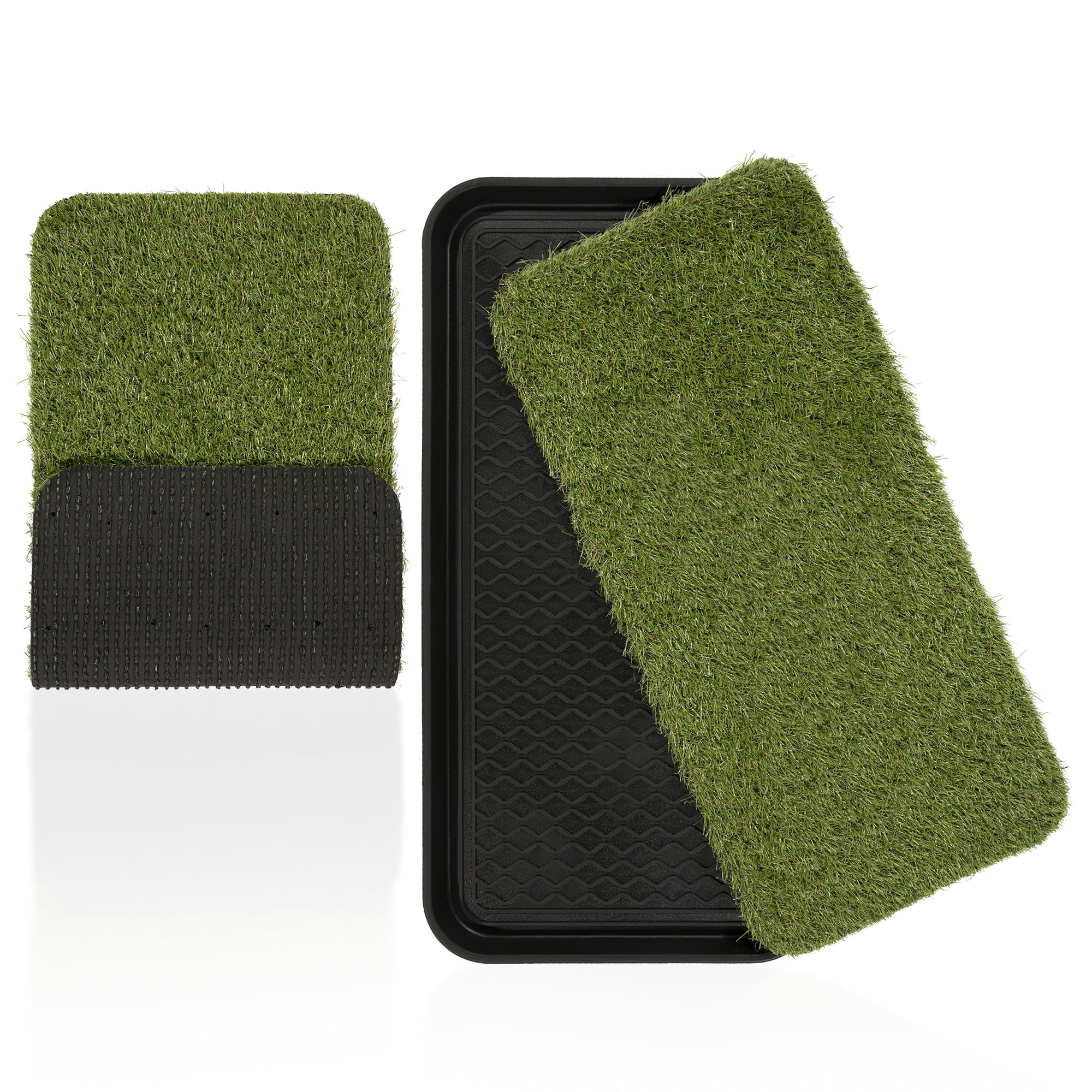 Ottomanson Pet Care Non-Slip Easy Clean Indoor/Outdoor Tray with Reusable Grass Pad, 15" x 30", Green
