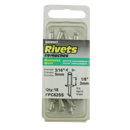 

FPC62SS Short Stainless Steel Rivets - 3/16 Diameter 1/8 Grip - 18 Count