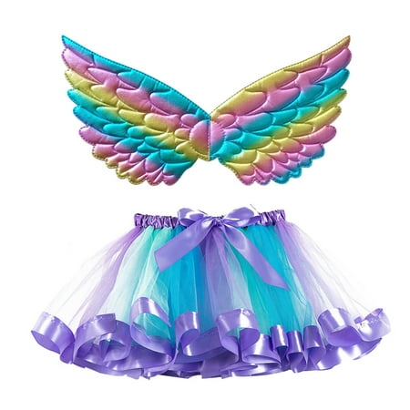 

XINSHIDE Kids Girls Dress Ballet Skirts Party Rainbow Tulle Dance Skirt With Wing Outfits Baby Clothing