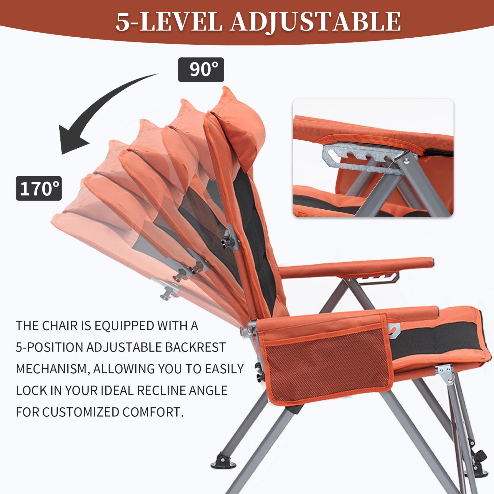 Folding Camping Chair, 5-Position Reclining High Back Outdoor Lounge Seat with Carry Bag