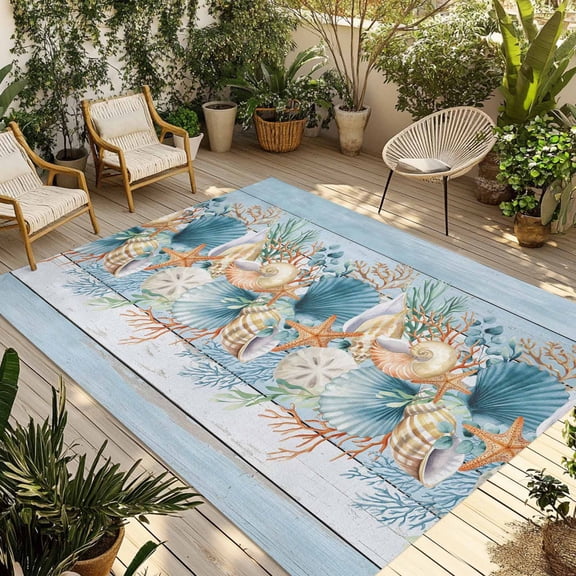 Blue Beach Coastal Outdoor Rug for Patio/Deck/Porch, Non-Slip Large Area Rug 5 x 8 Ft, Nautical Shell Starfish Coral Summer Indoor Outdoor Rugs Washable Area Rugs, Camping Rug Carpet Runner