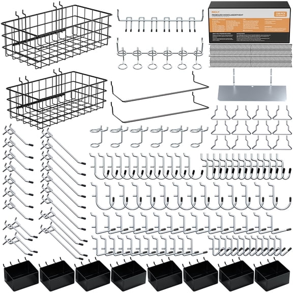 INCLY 238PCS Pegboard Accessories Organizer Kit, Peg Board Hooks Assortment with Peg Bins, Baskets, Paper Towel Holder for 1/8 and 1/4 inch Pegboard Hanging Tools, Garage Wall Storage Attachments