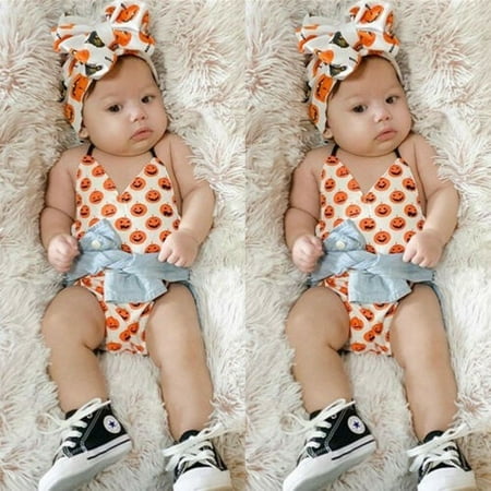

Newborn Baby Boy Girl Halter Romper Jumpsuit Playsuit Headband Outfit Clothes Set