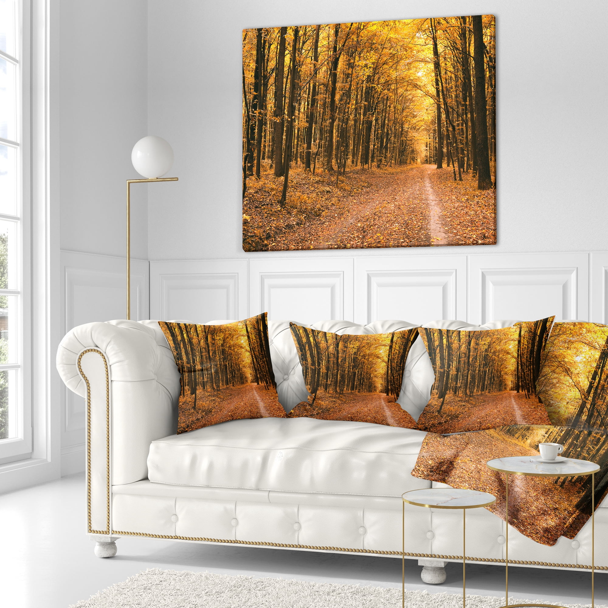Designart Pathway in Yellow Autumn Forest - Forest Throw Pillow - 16x16