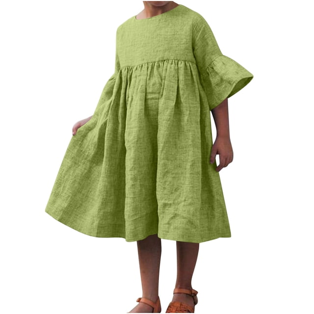 Tranfacy Robe d'Été pour Filles, Robe à Manches Courtes pour Filles, Robe Unie pour Enfants de Moyenne à Grande Taille, Robe Plissée Décontractée à Col Rond à Manches Mi-Longues