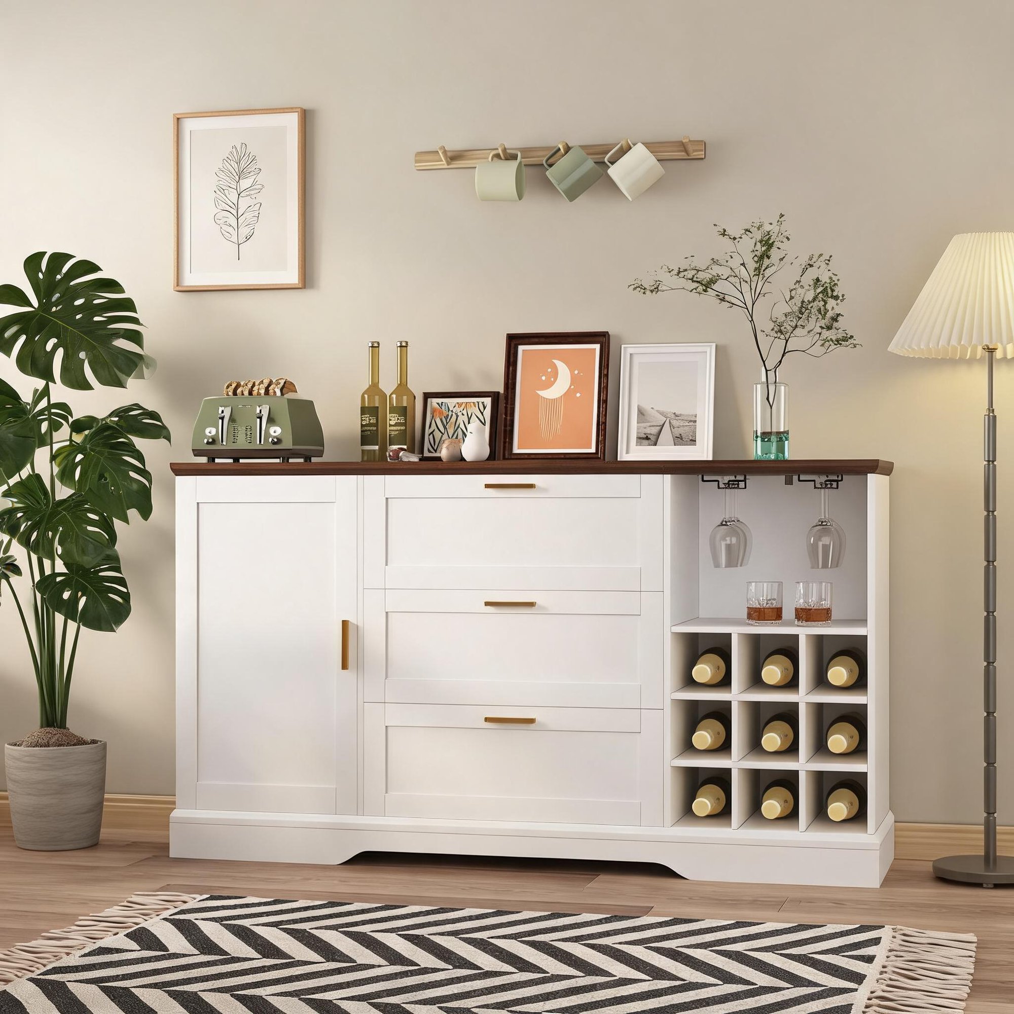 Kitchen Storage Credenza with Drawer Adjustable Shelves Wine Racks