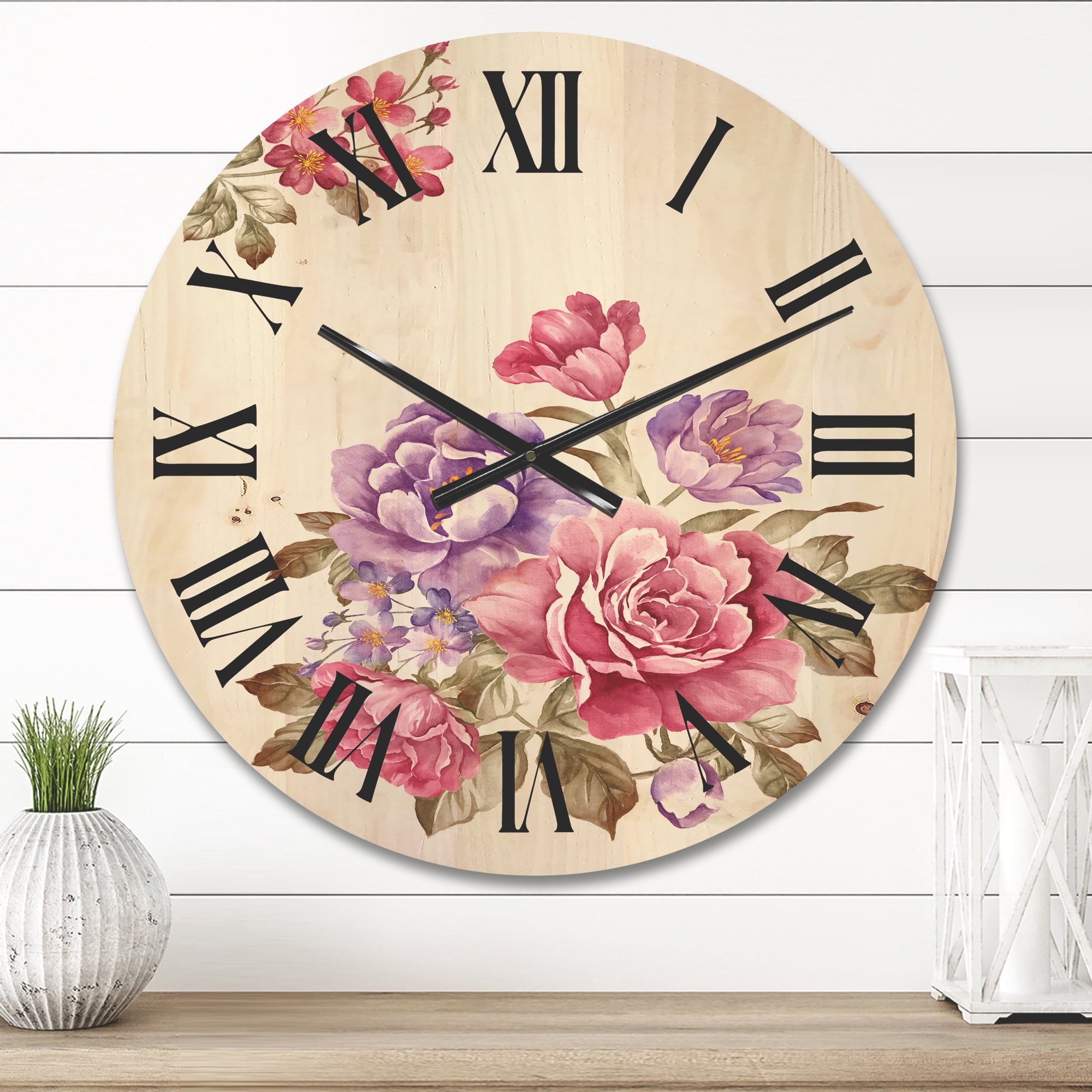 Designart 'Bouquet of Purple and Pink Flowers I' Farmhouse Wood Wall Clock