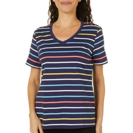 Coral Bay Petite Striped Button Shoulder Short Sleeve Top