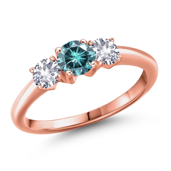 Gem Stone King 18K Rose Gold Plated Silver Blue Moissanite and White Created Sapphire Engagement Ring for Women | 1.00 Cttw | Round 5MM | Gemstone Birthstone | Size 7