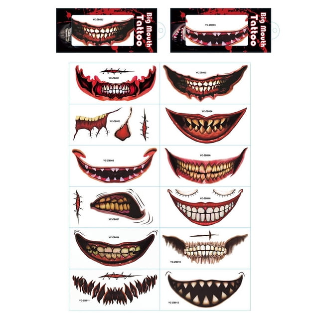 12 piezas de pegatinas de tatuaje de boca grande de Halloween sonrisa extraña para brazo cara mano cuello Tmvgtek Cuidado Belleza
