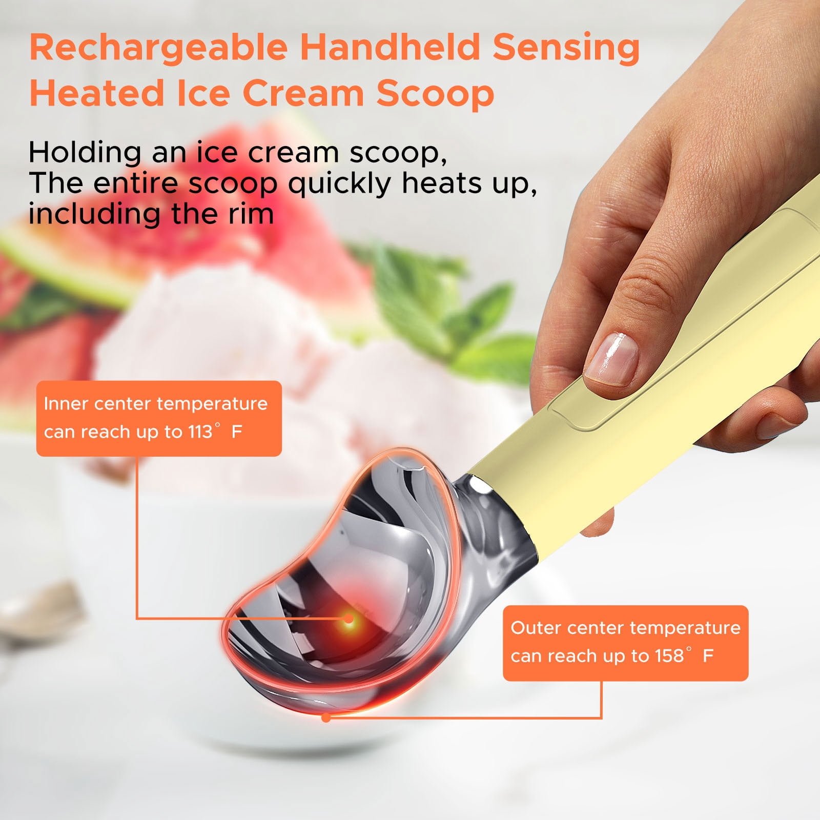 NEWEST Heated Ice Cream Scoop, Rechargeable Electric Ice Cream Scoop, Maximum Heating up to 158℉ for Hard Ice Cream (Yellow)