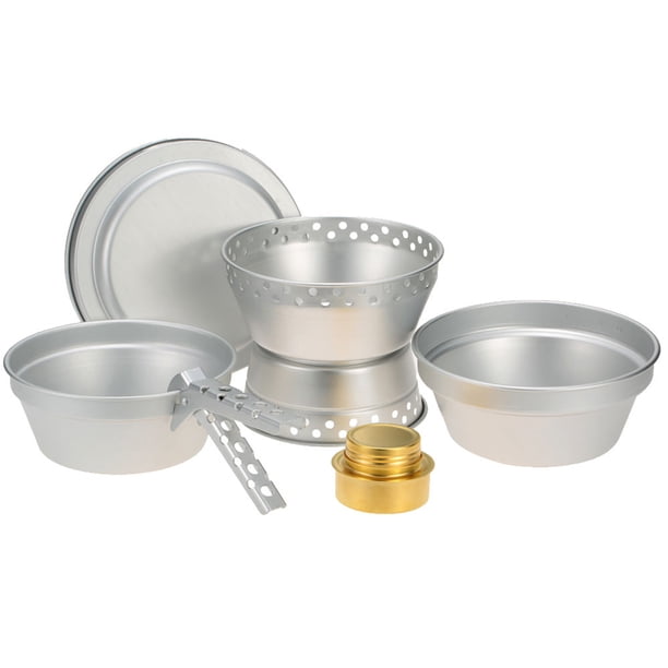 Cocina al aire libre Kit de desorden de utensilios de cocina portátiles para acampar Estufa de alcohol Quemador de alcohol con soporte Sartén con pinza Juego de cocina al aire libre para mochileros Se Irfora Cocina al aire libre