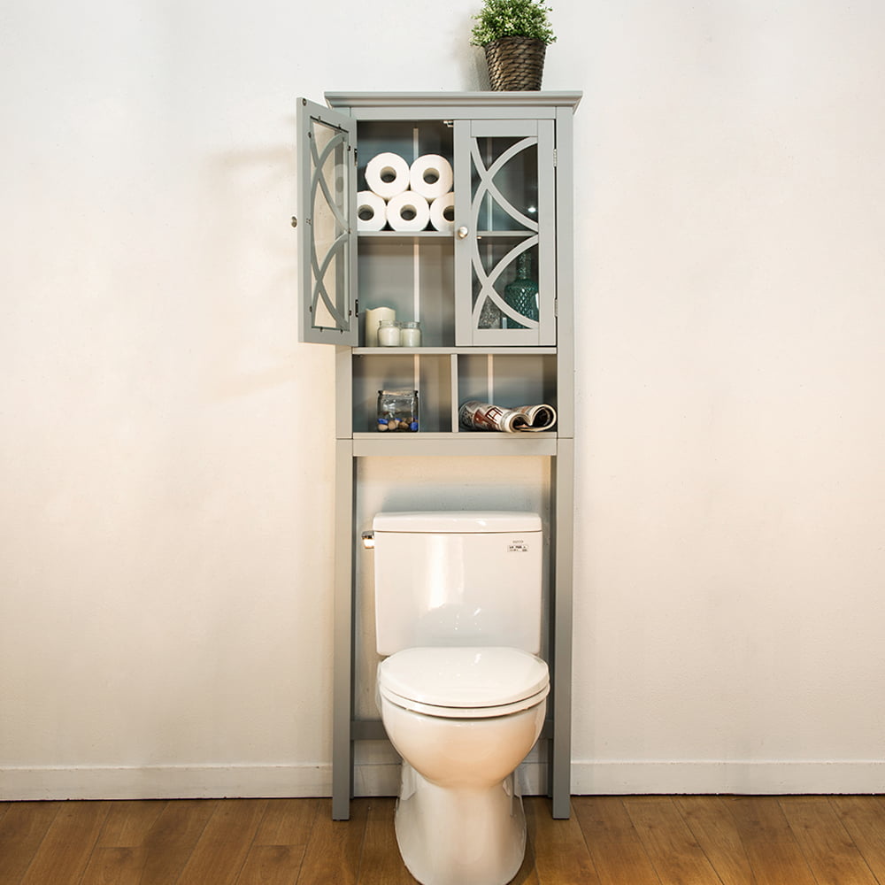 Glitzhome 68.26"H Bathroom Wooden Over the Toilet Storage with 2 Glass Doors, Gray