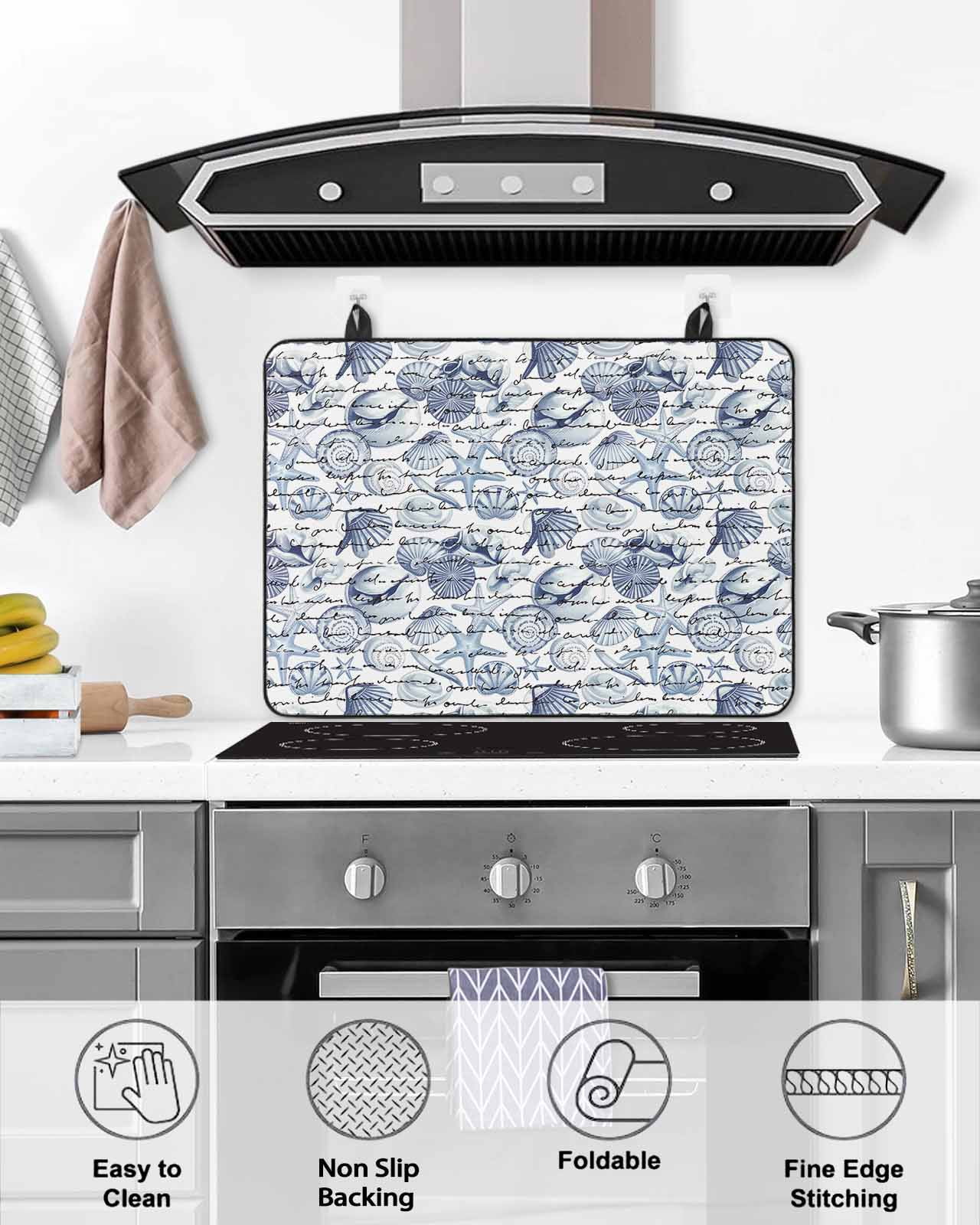 nqOlkjepod Large Induction Cooktop Protector Mat 24"x21", Coastal Blue Stove Top Covers for Electric Stove, Ocean Starfish Retro Conch Summer Shell Stove Burner Cover Mats, Glass Top Stove Cover