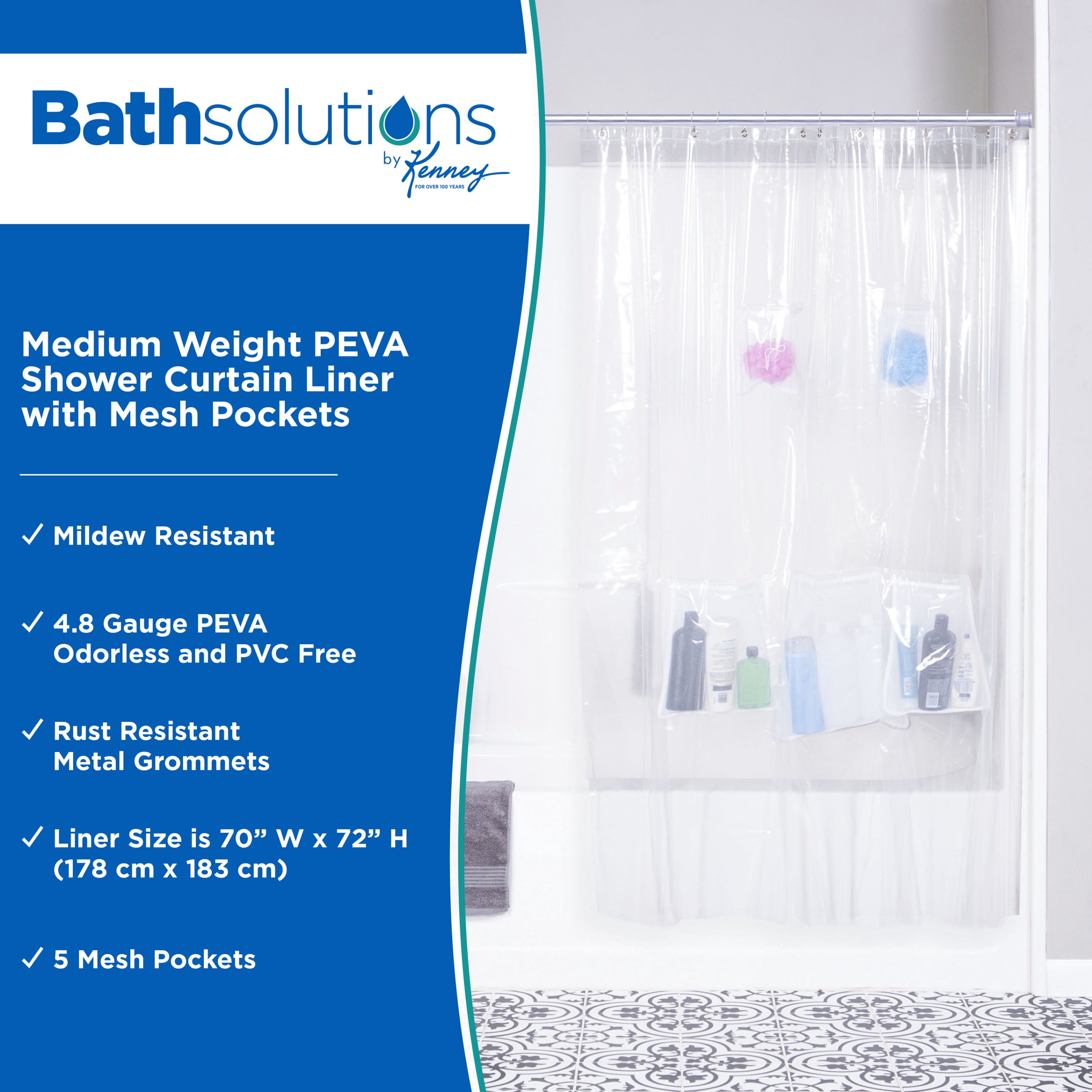 Kenney Medium Weight PEVA Shower Curtain Liner with Pockets, 70" W x 72" H, White