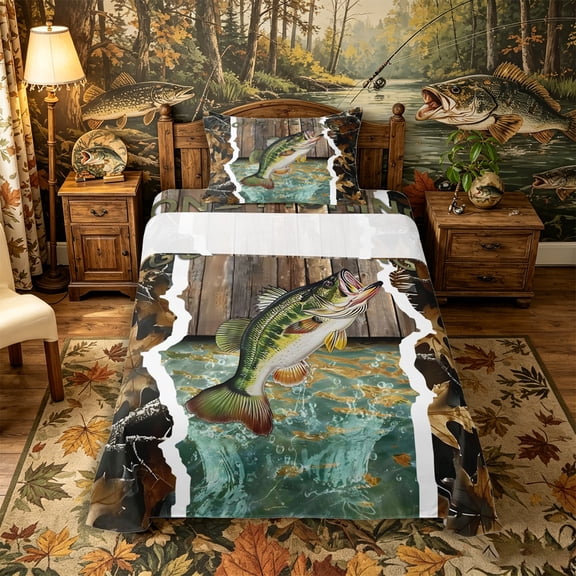 Castle Fairy Rustic Camo Bass Twin Sheets 3pcs,Wooden Plank Outdoor Fishing Bedding,Brown Olive,1 Fitted Sheet,1 Flat Sheet and 1 Pillowcase