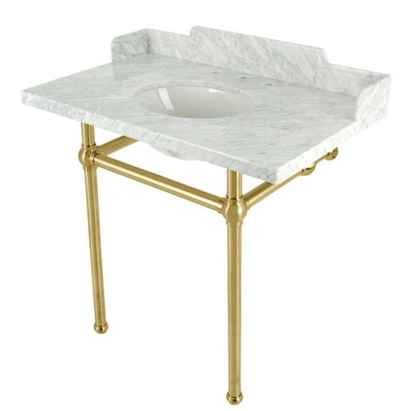 Kingston Brass LMS36MB7 Pemberton 36" Carrara Marble Console Sink with Brass Legs (8-Inch, 3-Hole), Carrara Marble White/Brushed Brass