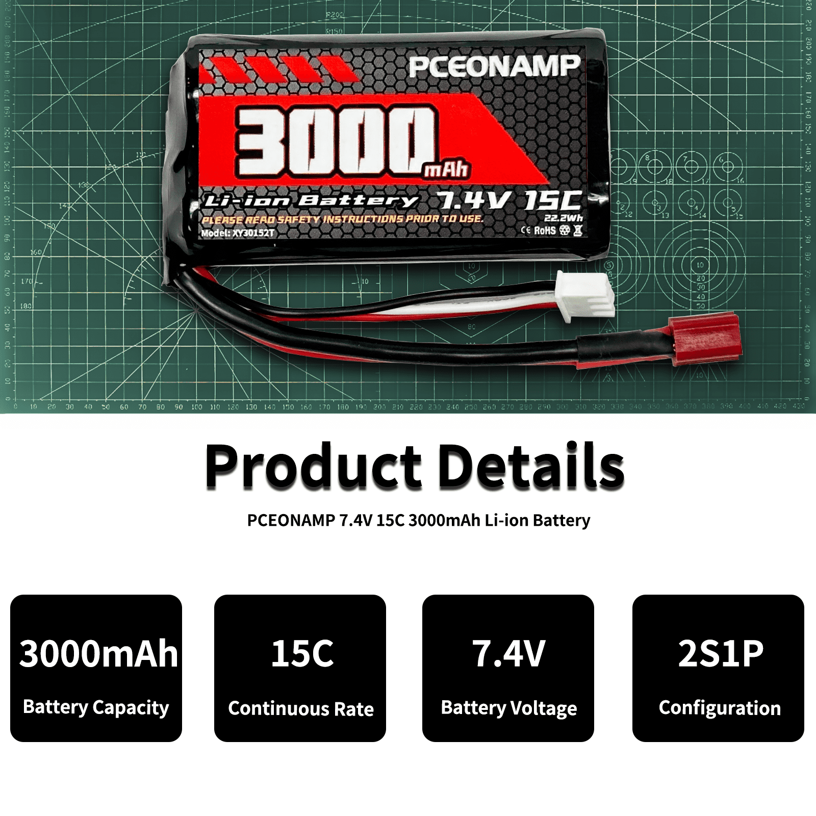 7.4V Li-ion Battery 3000mAh 2S with T Plug Rechargeable High Capacity RC Battery Fit for WLtoys 4WD High Speed RC Cars and Most 1/10, 1/12, 1/16 Scale RC Cars Trucks with 2 USB Chargers
