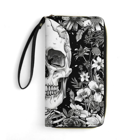 Womens Wallet Bifold Ladies Cluth Bag Wristlet Wrist Strap Long Purse Skull Flowers Illustration Design