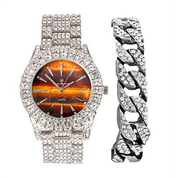 Mens Silver Big Rocks with Roman Numerals Fully Iced Out Colorful Dial Watch w/Bling'ed Out Cuban Shiny Silver Bracelet - ST10327 RN Cuban (ST10236 Tiger Eye SLV)