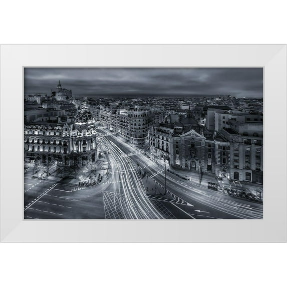 De La, Javier 32x22 White Modern Wood Framed Museum Art Print Titled - Madrid City Lights