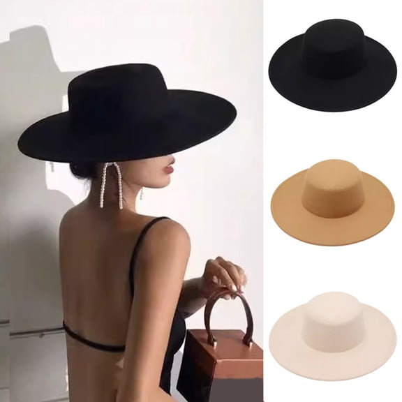 Pink Season Retro Ladies Hat Big Wide Brim Fedora Hat Pure Color Derby Wedding Jazz Hat Prom Party Commuting Flat Top Felt Hat
