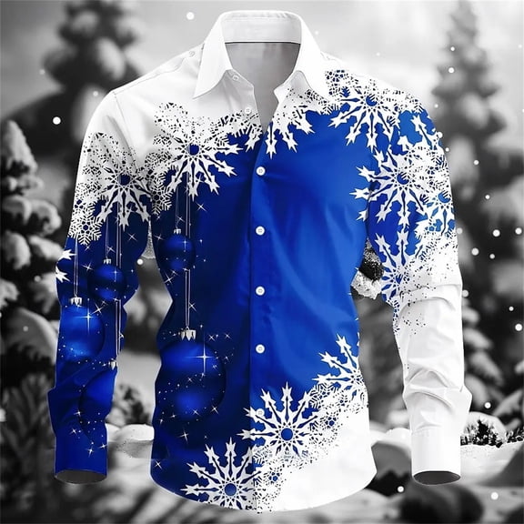 MAIHAN-Mens Christmas Shirts Male Autumn Winter Long Sleeve Shirt Lapel All Print Printed Breasted Shirt Shirts For Men(Blue,L)