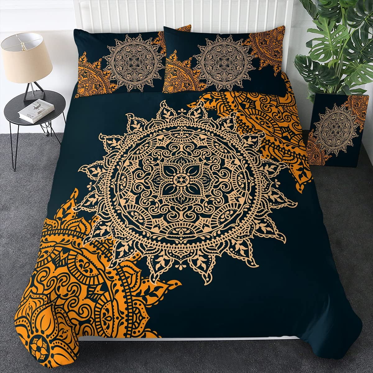 Sun Mandala Bedding Celestial Duvet, Blue And Gold King Size Duvet Cover Set