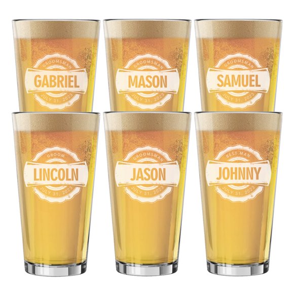Set of 4, Set of 6 and more Custom Engraved Groomsmen 16 oz Pint Beer Glasses - Bottle Cap Style (6)