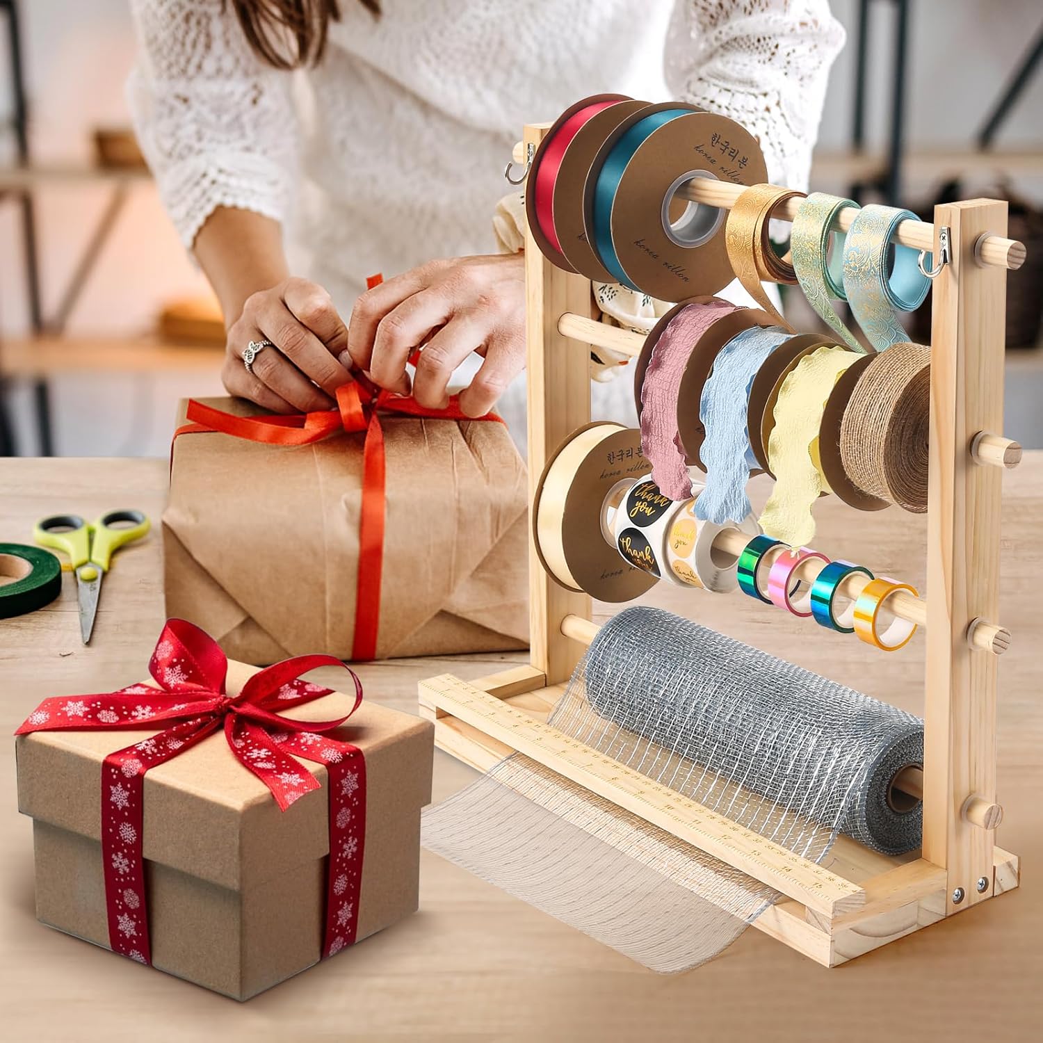 Tape Storage Organizer Rack Wooden Tape Spool Holder for Crafts Mesh Tape Wreath Bow Washi Tape Arts and Crafts Supplies Shelf