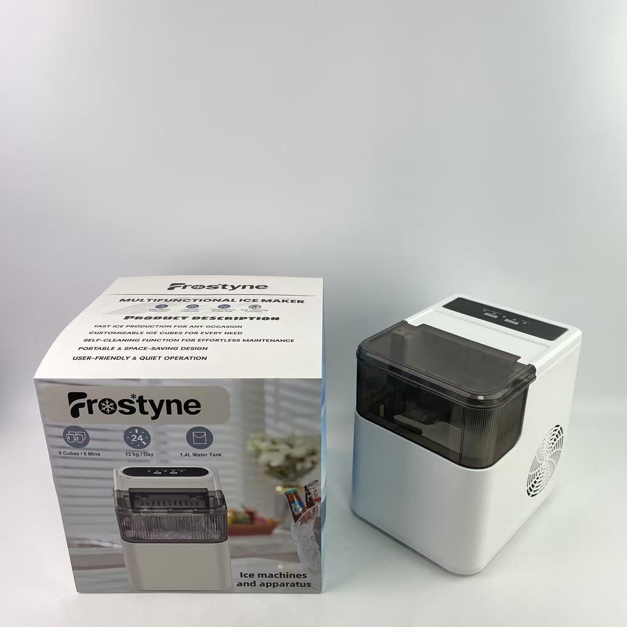 Frostyne Ice machines and apparatus,Countertop Ice Maker Machine with Handle, 26lbs Per Day, 9 Ice Cubes Ready in 6 Mins, Auto-Cleaning Portable Ice Maker with Basket and Scoop (White)