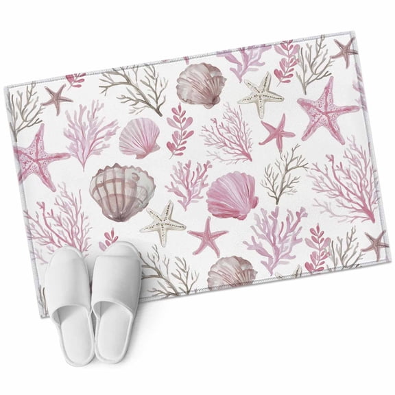 Pink Coastal Bathroom Rug Washable 2x3 Entryway Rug Non Slip Beach Nautical Starfish Coral Seashells Front Door Mat Low Pile Indoor Doormat Throw Floor Carpet for Kitchen Bedroom Entrance