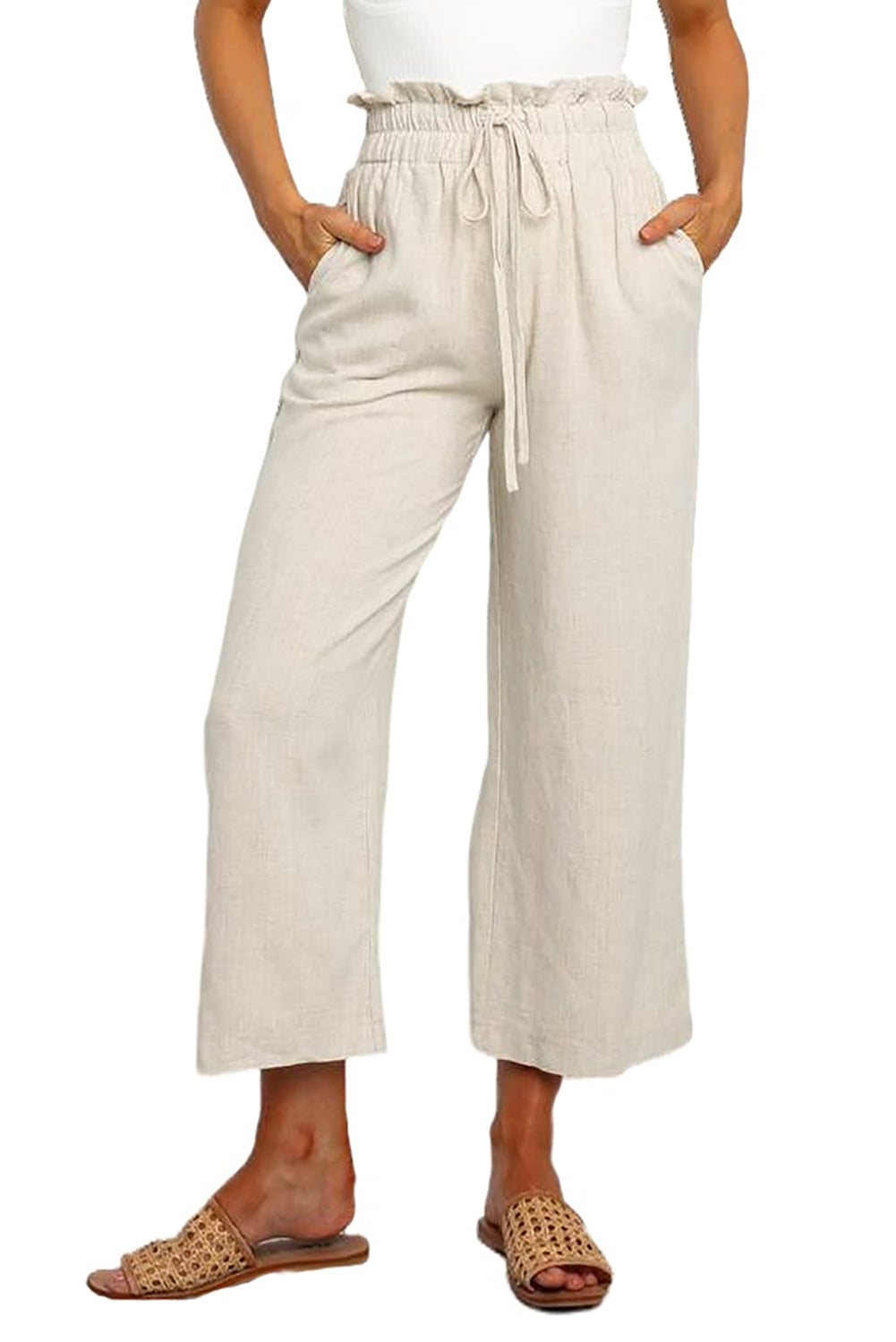 Women Khaki Paperbag Waist Straight Leg Cropped Pants - S