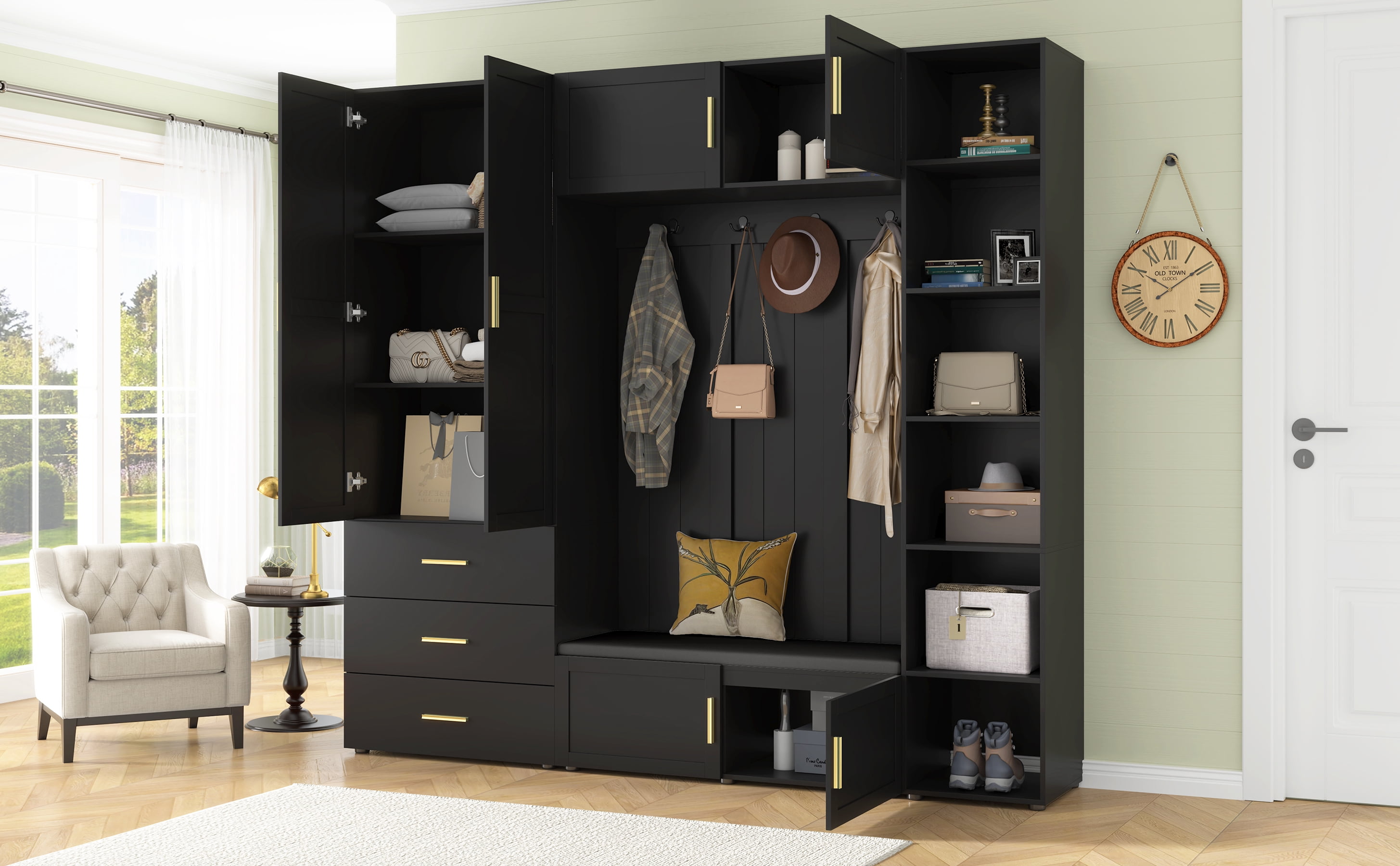 Mintazer 4‑in‑1 Hall Tree with Cushioned Shoe Bench & Hooks, Entryway Storage Organizer with Cabinets & Drawers, Adjustable Shelves for Mudroom Hallway, Black