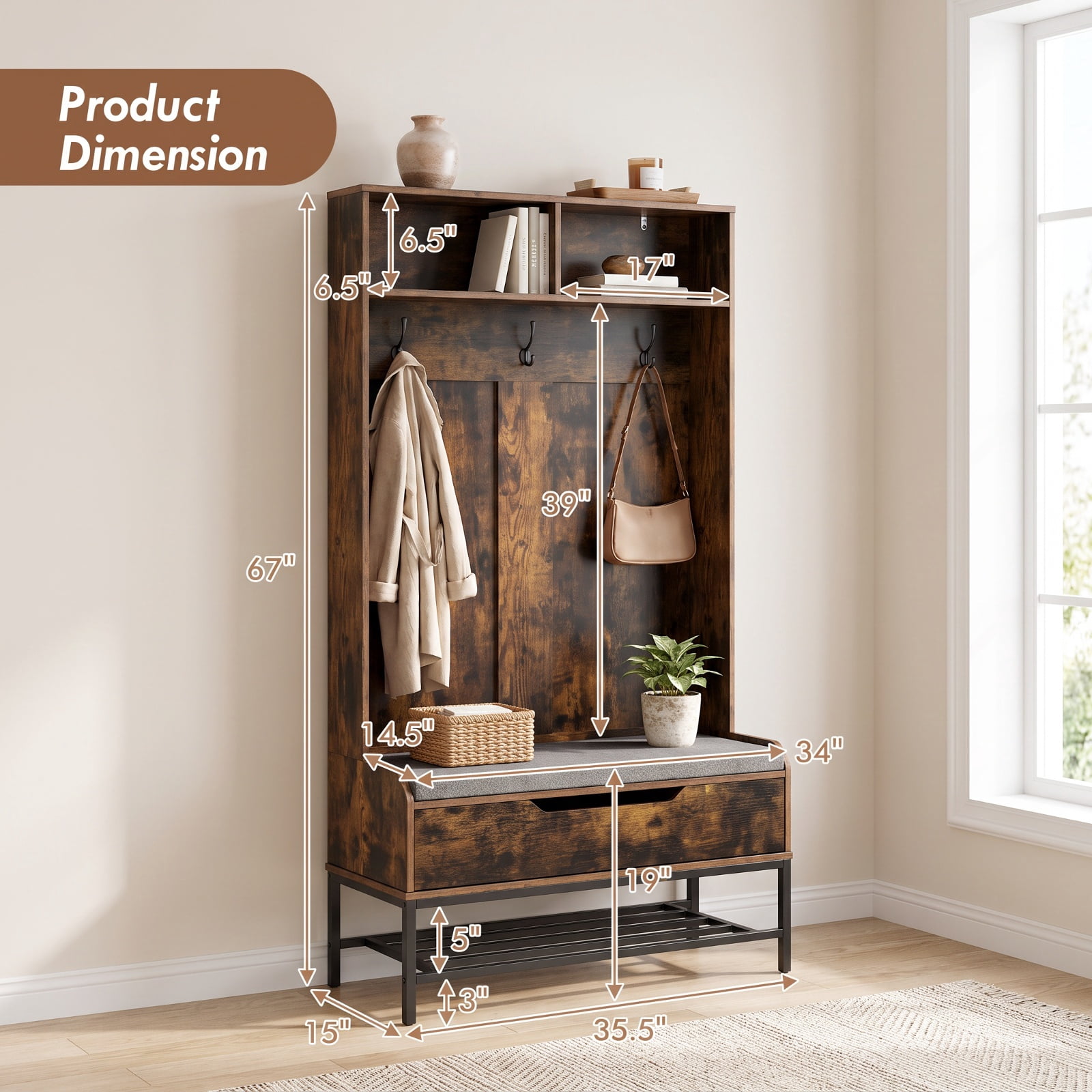 Furnibear 69 Inch Tall Hall Tree 4 in 1 Coat Rack with Cushioned Bench and Shoe Storage and Hooks for Entryway and Foyer, Rustic Brown