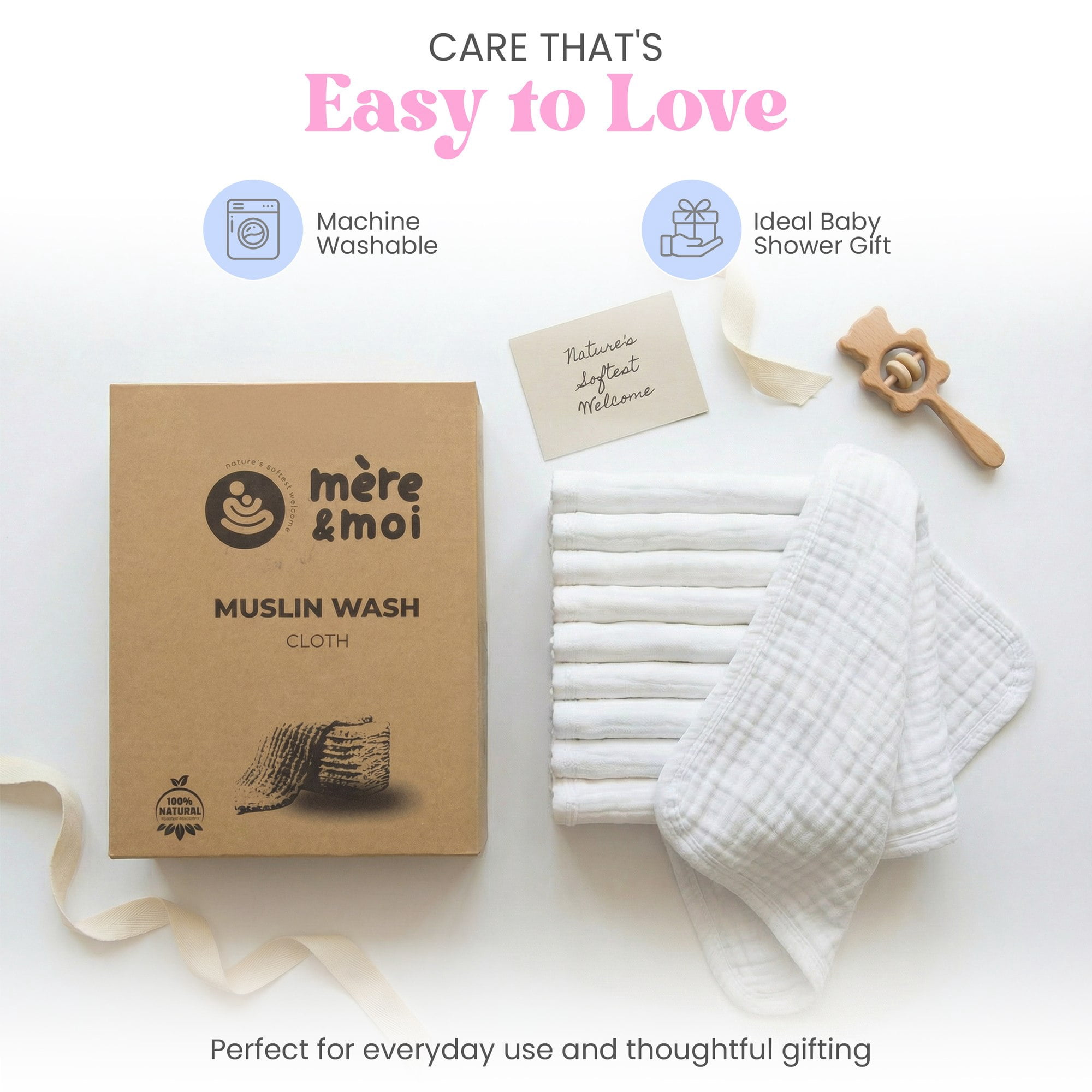 Mère & Moi: Muslin Baby Washcloths – 10 Pack, White - 10x10", Face-Body-Hands Wipe, Bathtime, Soft Cotton, Lightweight & Absorbent, Newborn Daily Care