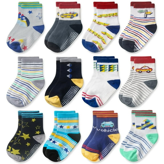 CozyWay Baby & Toddler Non-Slip Grip Socks - Soft Cotton & 6-12 Month Baby Socks - Firm Grip & Little One Pairs - Secure Fit Cuffs & Boys & Girls Footies - 12 Pack - Black/Yellow