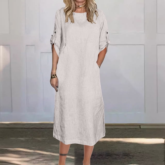 Gspmoly Robes pour Femmes Grande Taille, Mode Femmes Été Décontracté Uni Col en V Manches Courtes Longue Robe Vacances Robes pour Femmes Offres