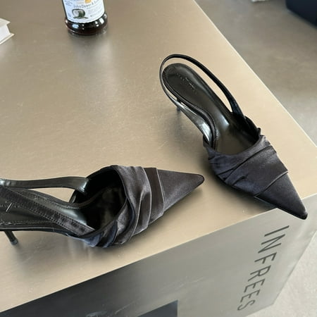 

HHH New Chinese Style Beautiful Sandals for Women Summer New French Style Pointed Toe Slingback Pumps Satin Ankle-Strap High Heels Black