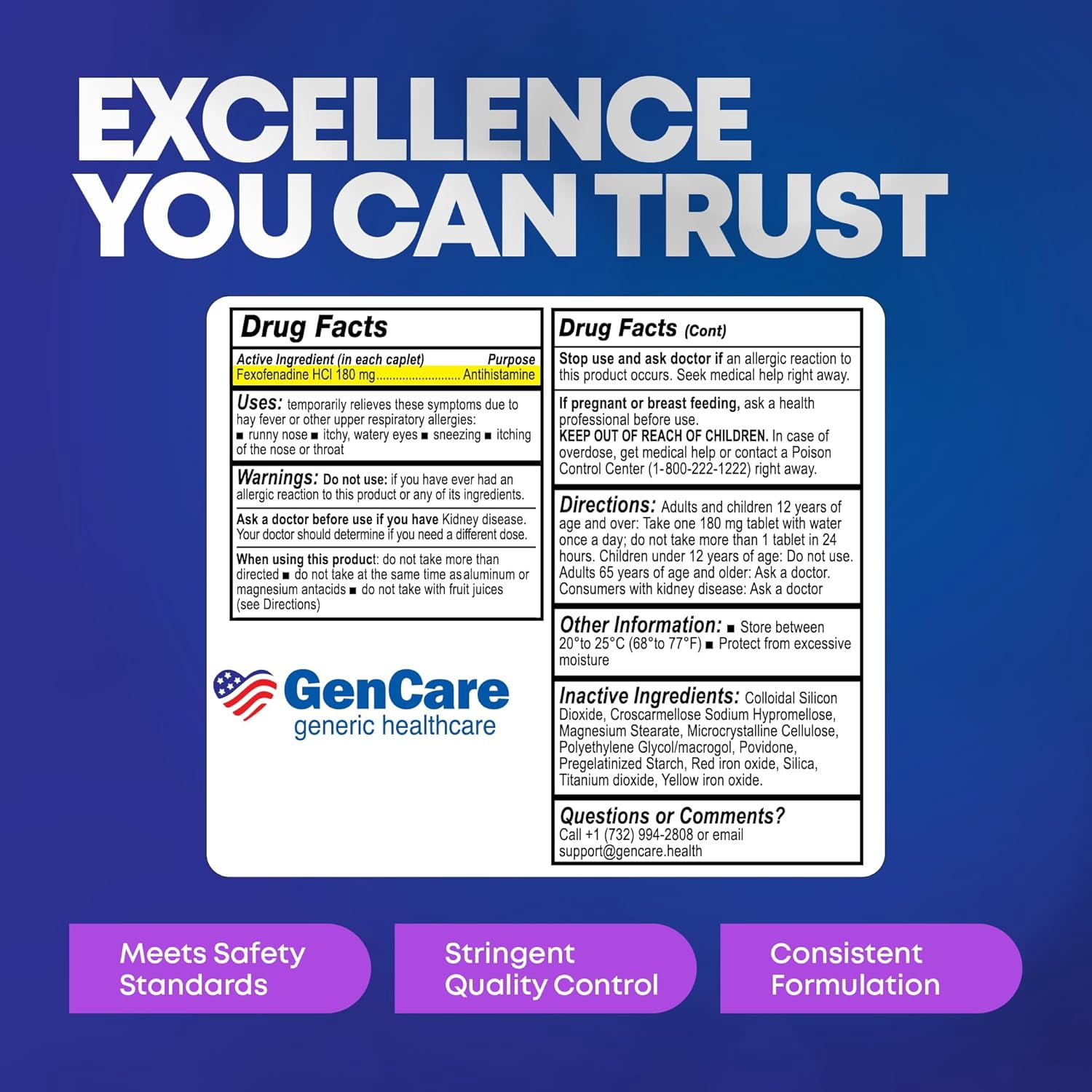 GenCare Allergy Relief Fexofenadine HCl 180 mg Non Drowsy Antihistamine, 150 Tablets